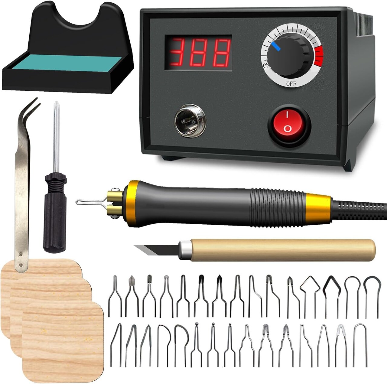 LH30-1 wood burning tool,wood burning kit pen 25~750℃,professional wood burning kit,with digital thermometer temperature adjustable temperature,1 wood burning pens, 30 pen tips(LH30-1A pen)